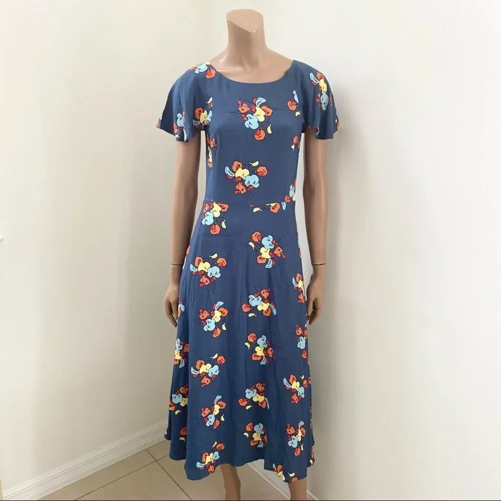 New Emily & Fin Celeste Blue Floral Print Cap Sleeve Midi Dress Xxs — image 4 of 8